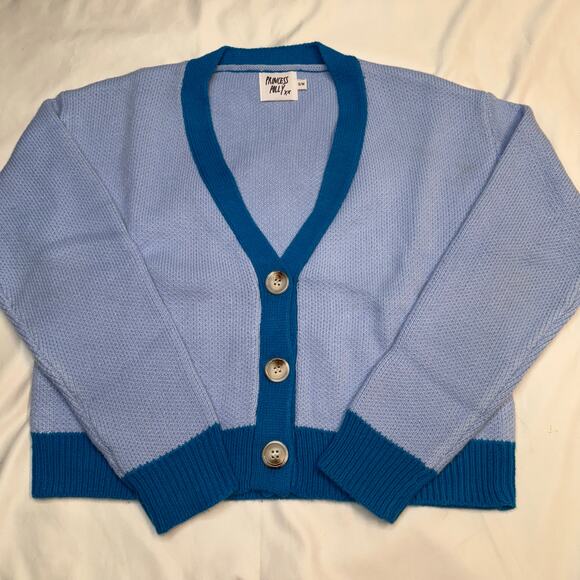 Princess Polly Blue Colorblock Cardigan Sweater Women’s S/M Cropped Acrylic - Picture 4 of 7